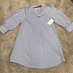 1901 Button down midi dress, 3/4 sleeves, blue & white stripes, size 12 petite